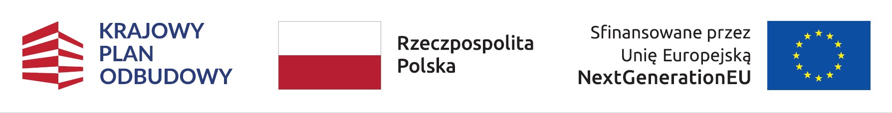 Od lewej strony na pasku logotypów znajduje się logo Krajowego Planu Odbudowy, następnie flaga Rzeczpospolitej Polskiej a na końcu flaga Unii Europejskiej z opisem Sfinansowane przez UE.